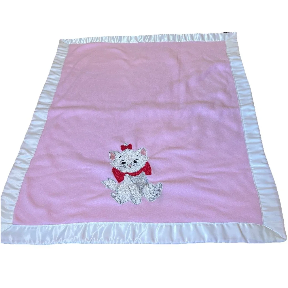 Vtg Baby Blanket Disney Cat Marie Appliqué The Aristocrats Pink Satin Trim 28x34